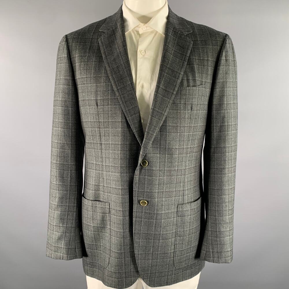 SANTORIO Chest Size 42 Grey Black Tartan Wool Notch Lapel Sport Coat